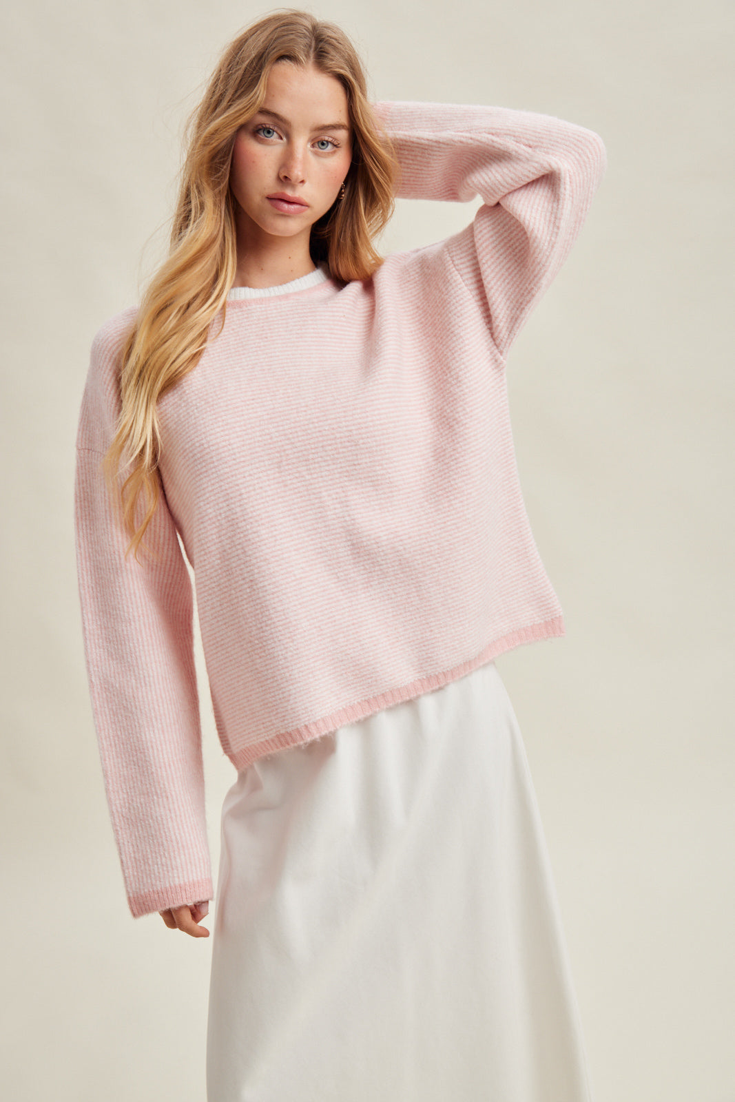 Stripe Drop Shoulder Sweater - Pink/White