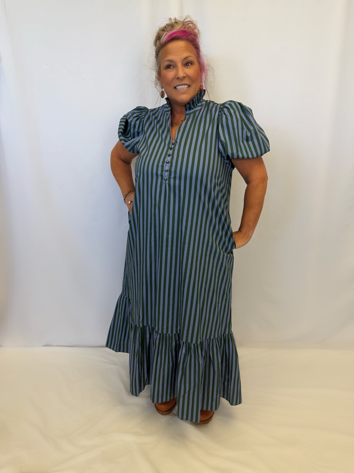 Stripe Puff Midi Dress - PLUS