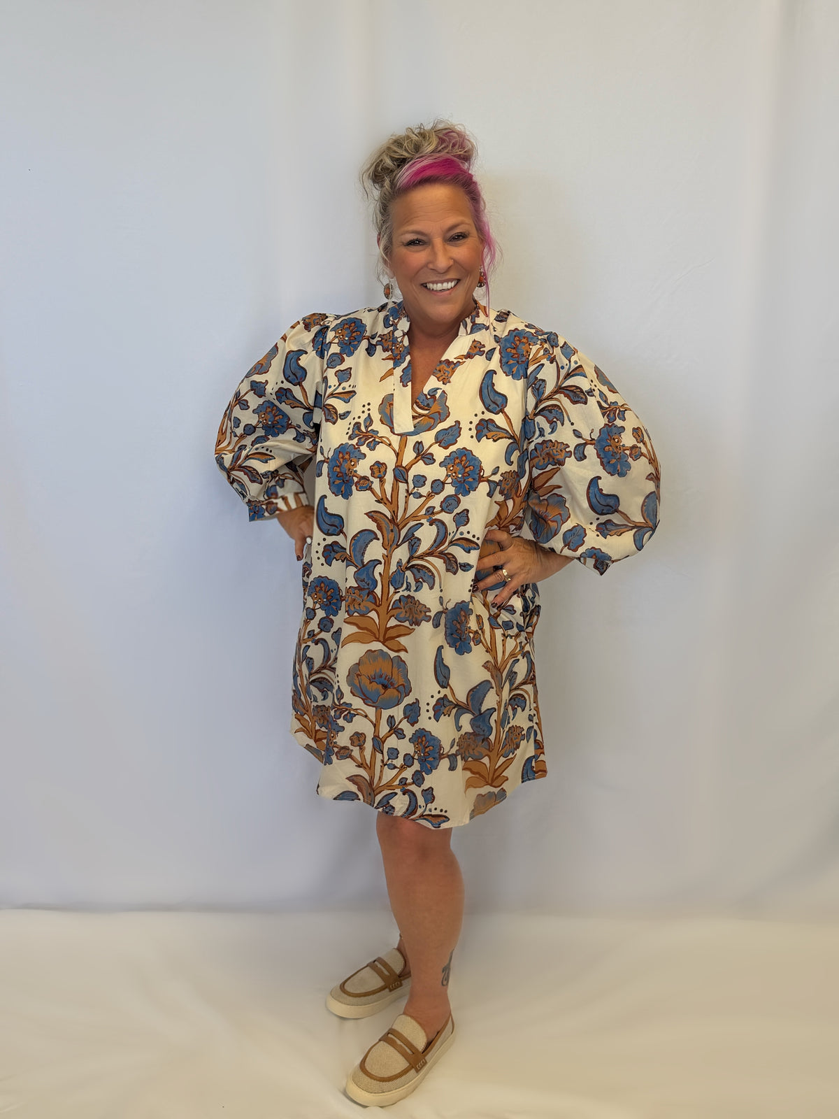 Floral 3/4 Puff Sleeve Mini Dress - PLUS