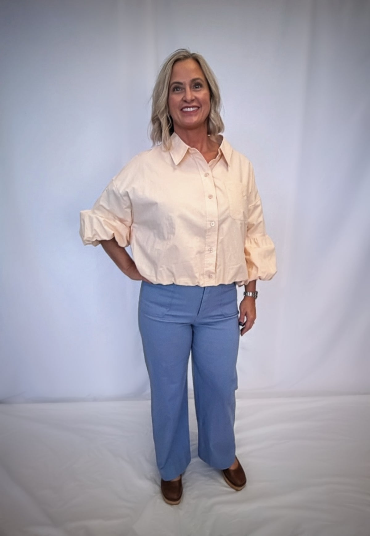 Button Down Bubble Hem Top - Egg Shell