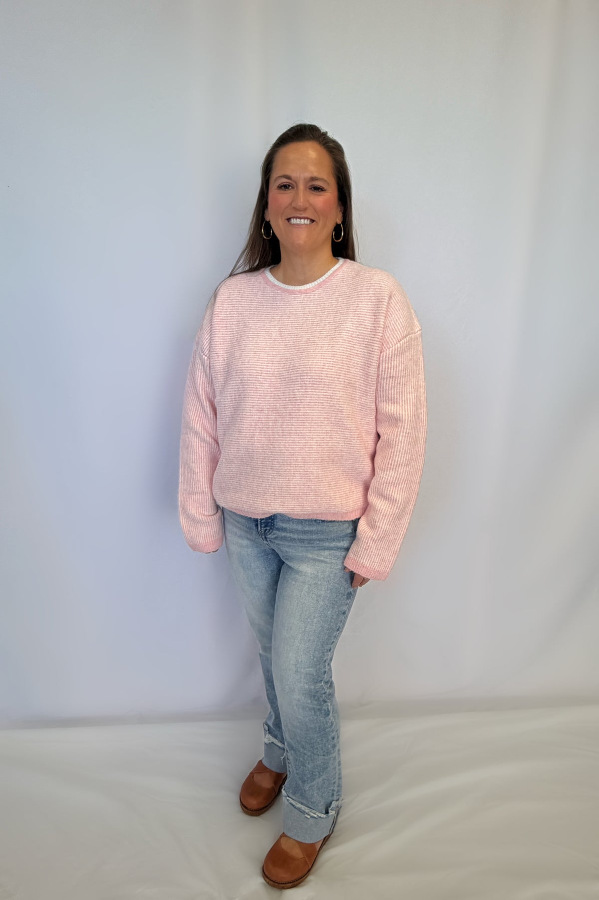 Stripe Drop Shoulder Sweater - Pink/White