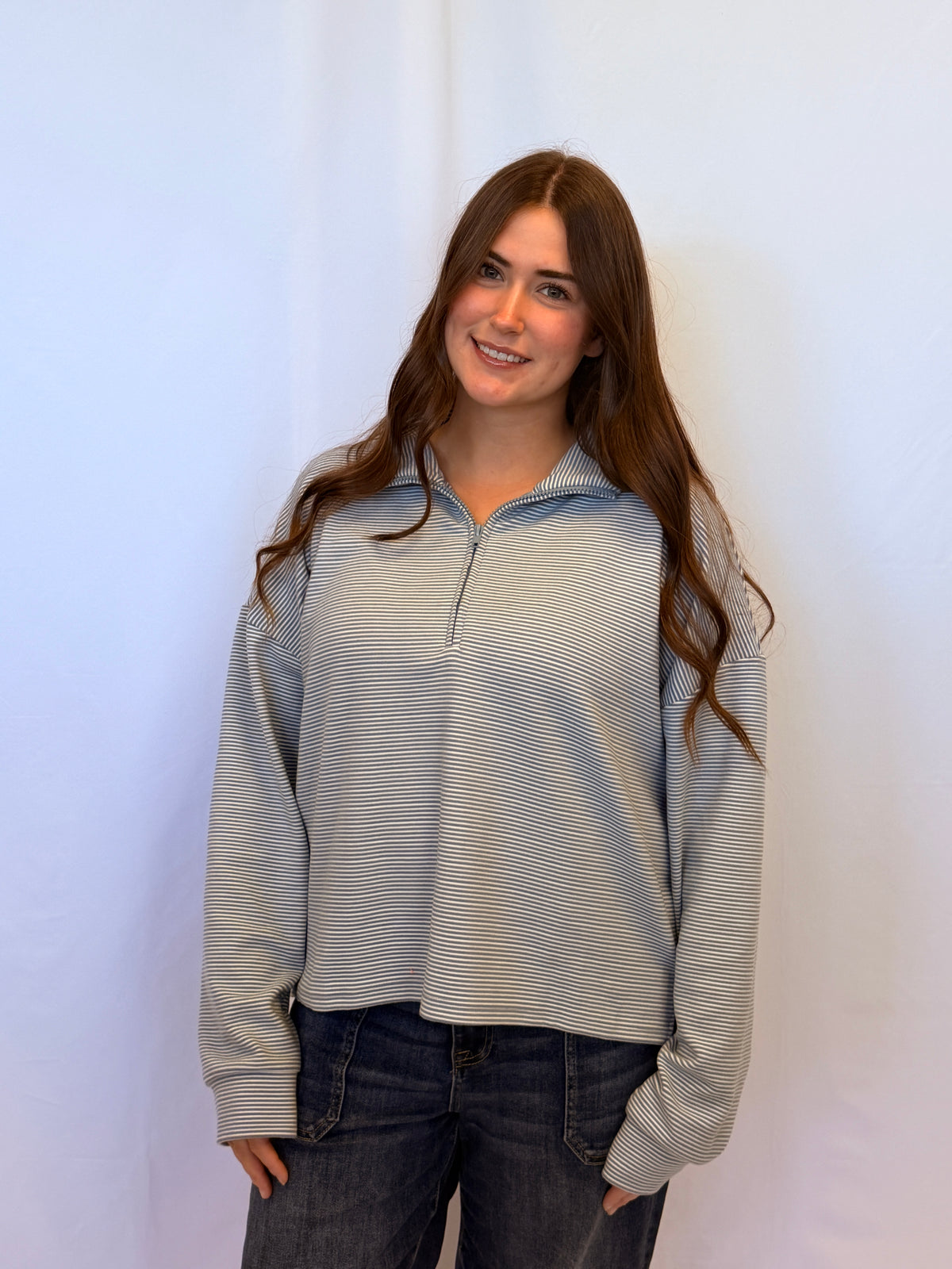 Striped Half Zip Knit Pullover - Blue/White