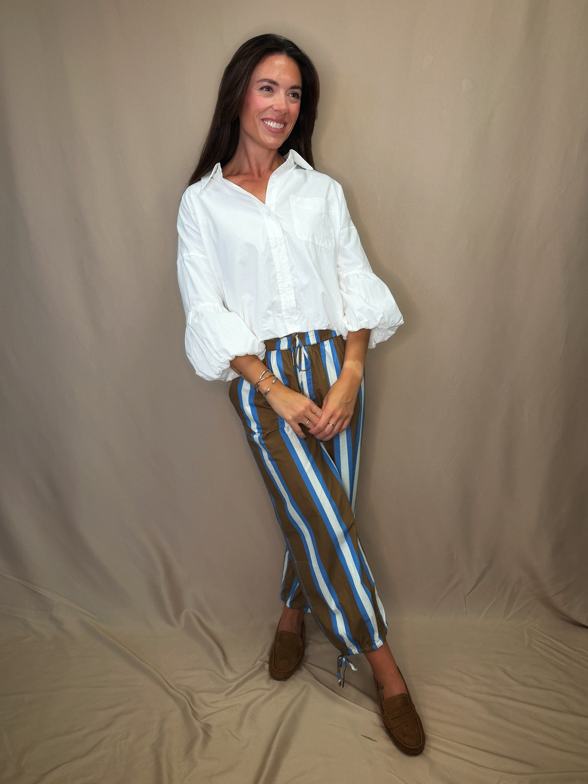 Striped Adjustable Cuff Wide Leg Pants