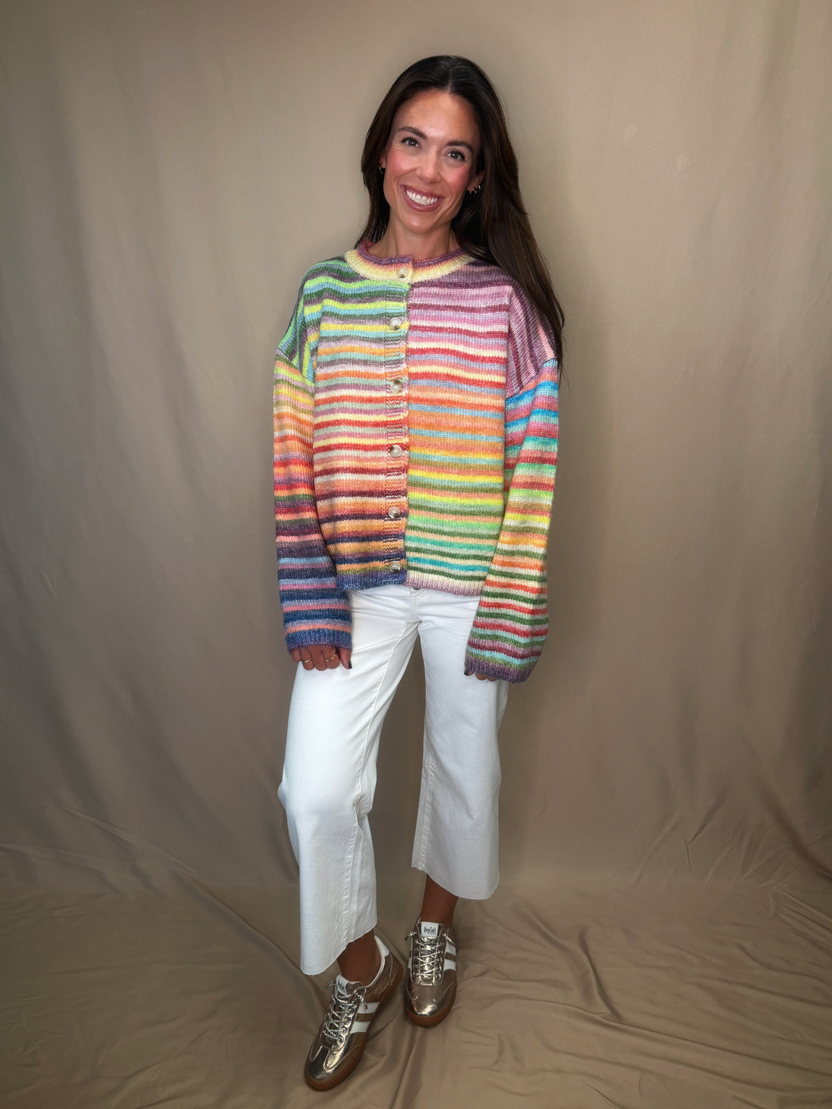 Rainbow Button-Up Knit Sweater Cardigan