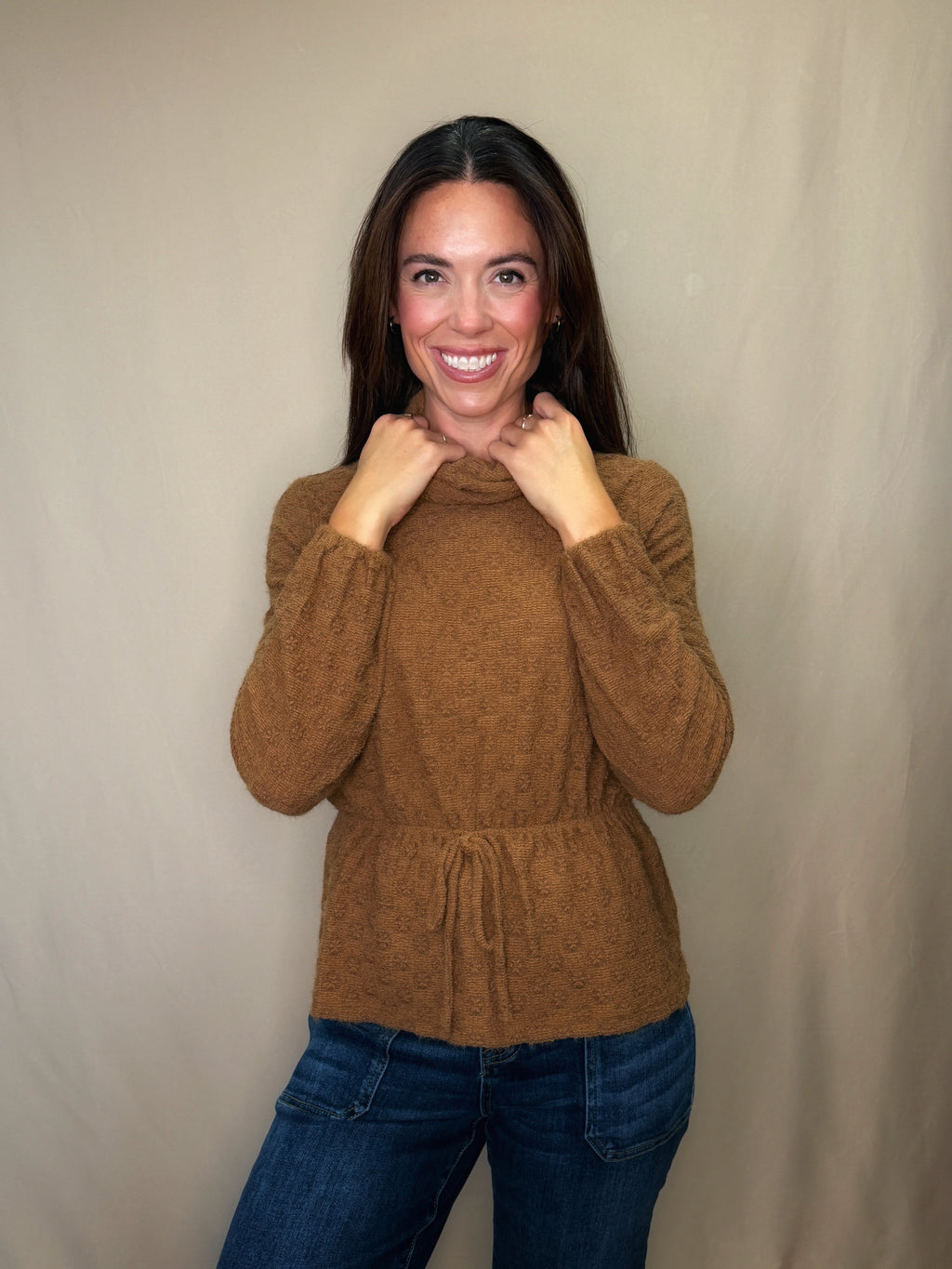 Cozy Cowel Neck Drawstring Hem Sweater