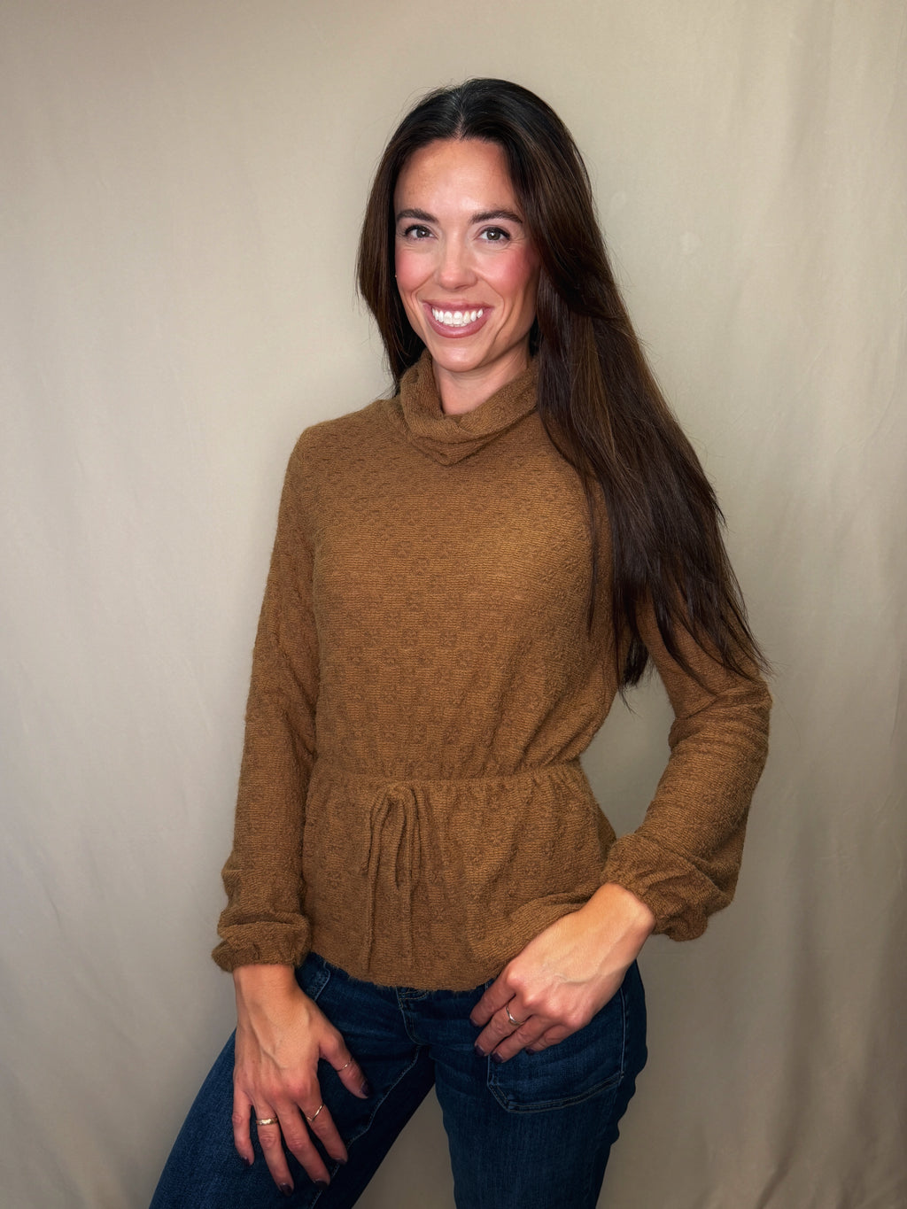 Cozy Cowel Neck Drawstring Hem Sweater