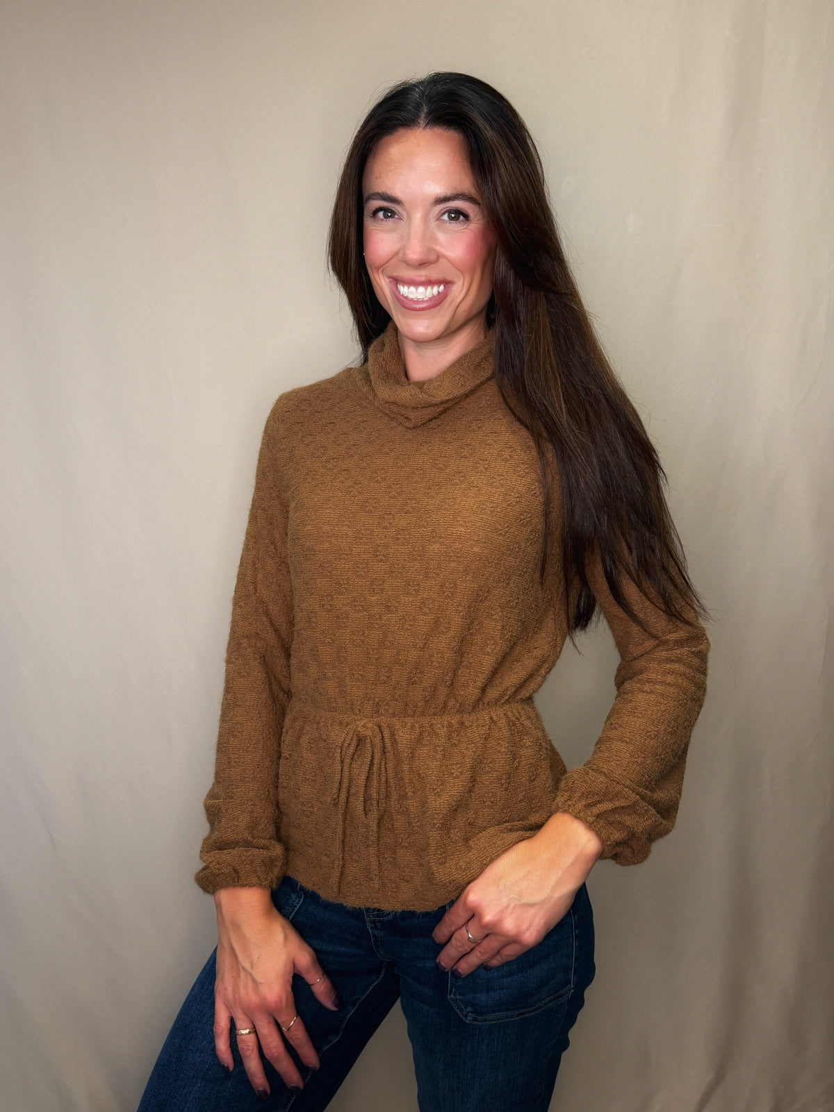 Cozy Cowel Neck Drawstring Hem Sweater