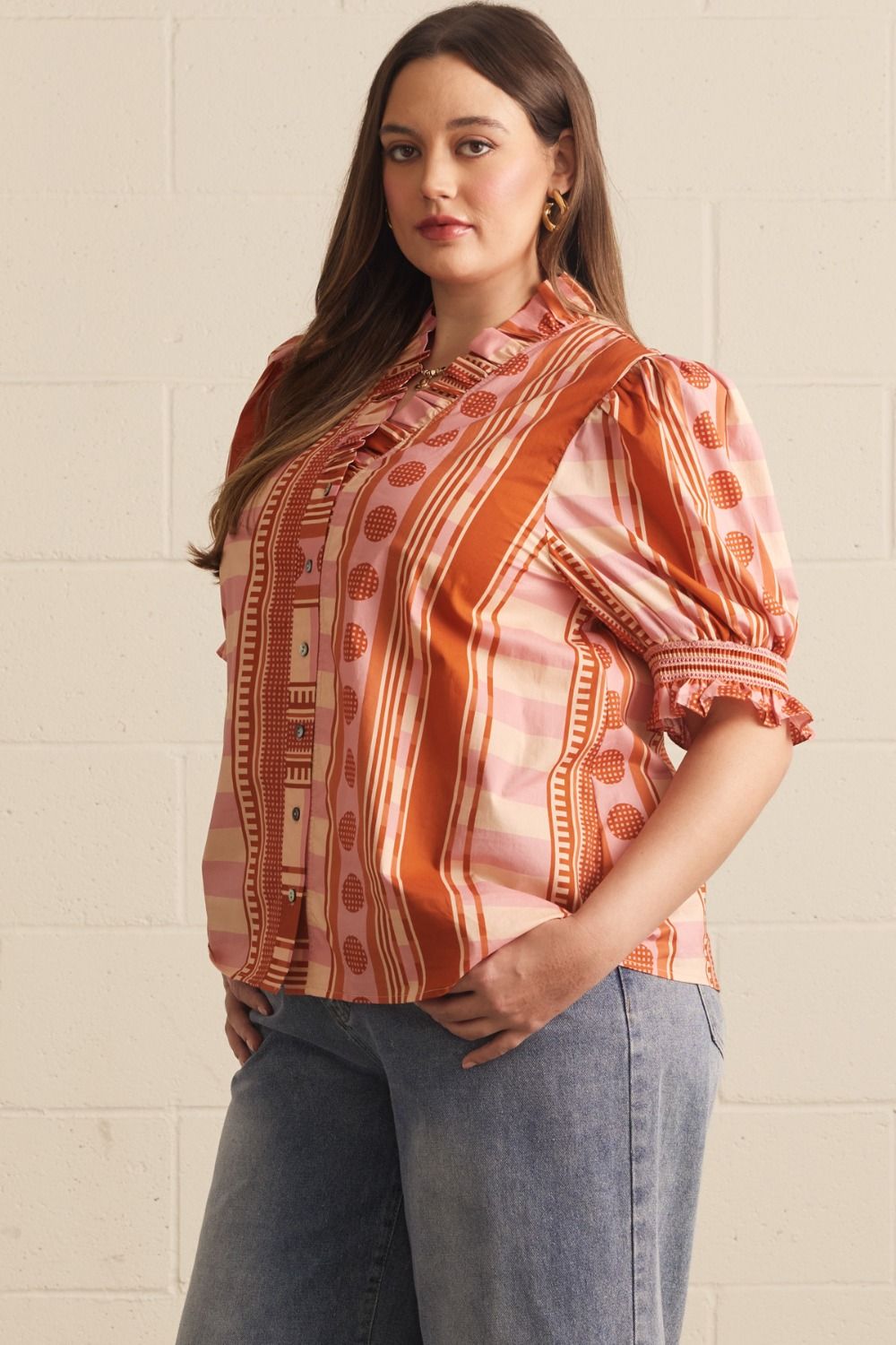 Mixed Print Puff Sleeve Top