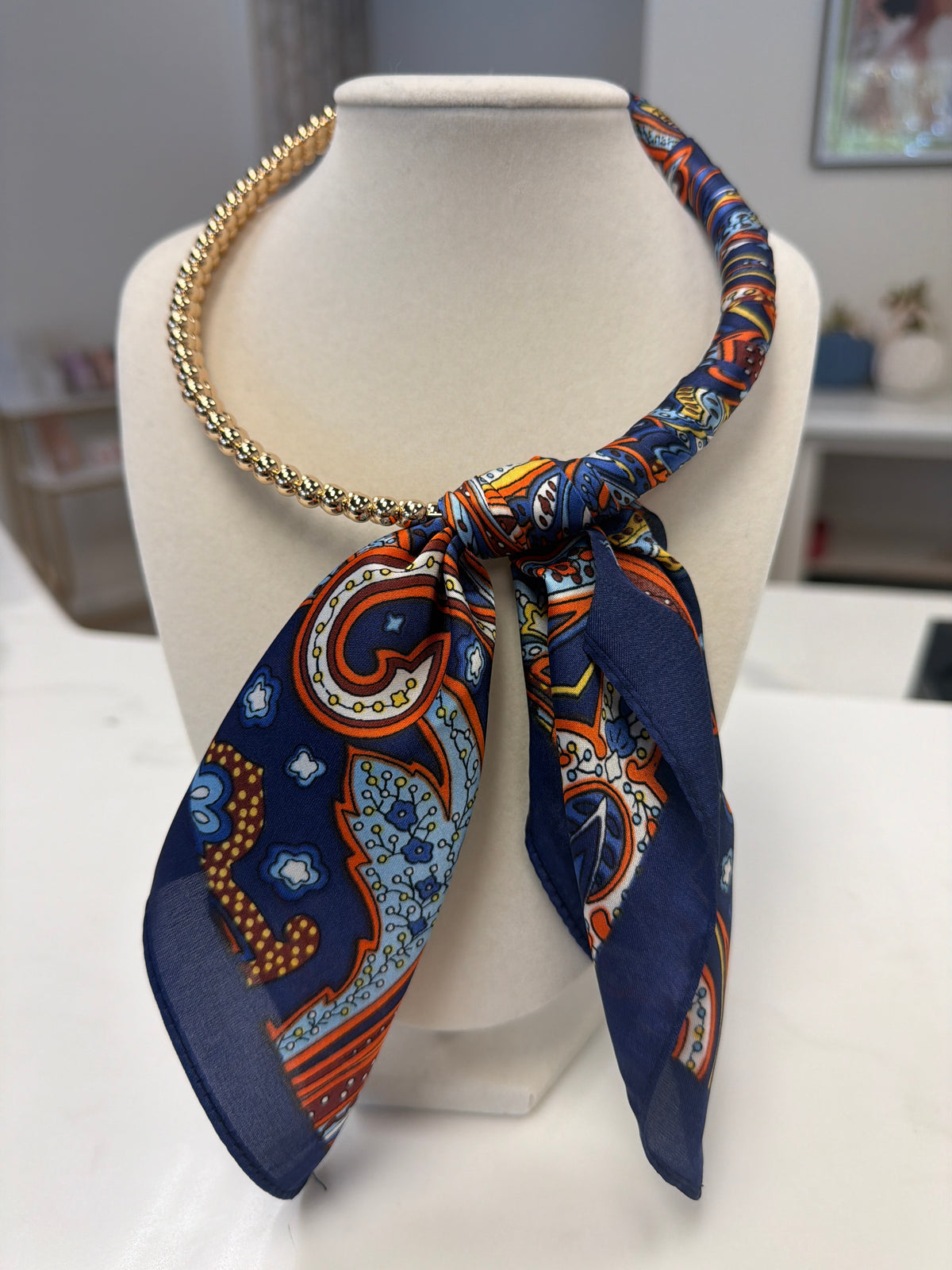 Silk Scarf Wrapped Collar Necklace - Navy/Multi