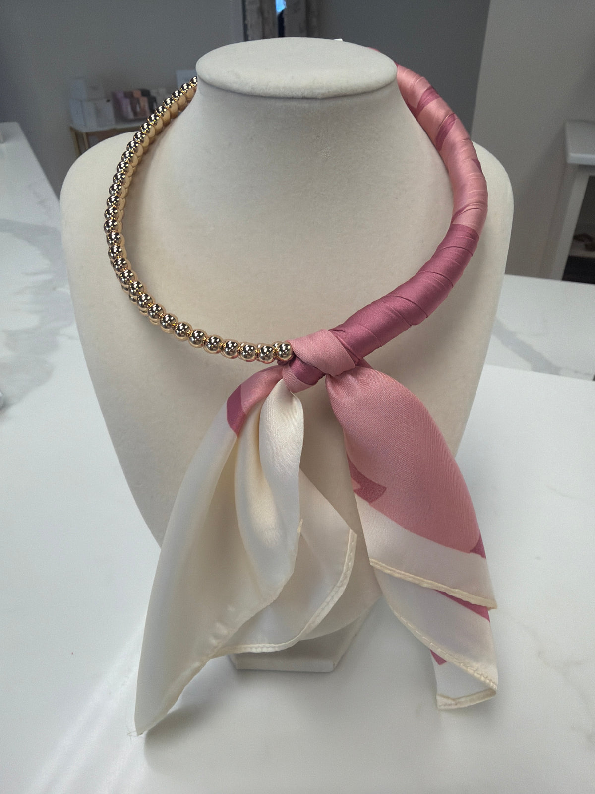 Silk Scarf Wrapped Collar Necklace - Dust Pink/Cream