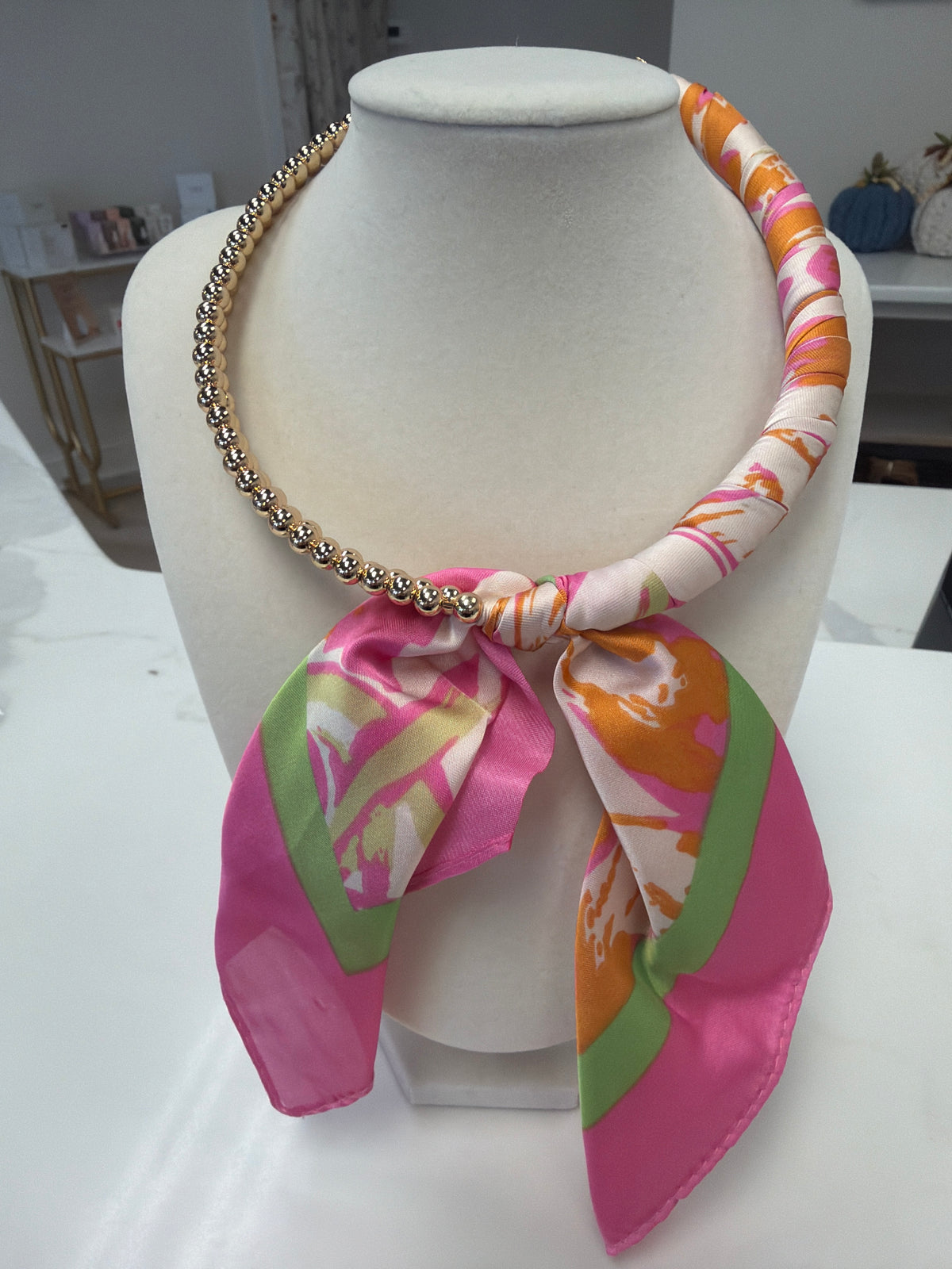 Silk Scarf Wrapped Collar Necklace - Hot Pink