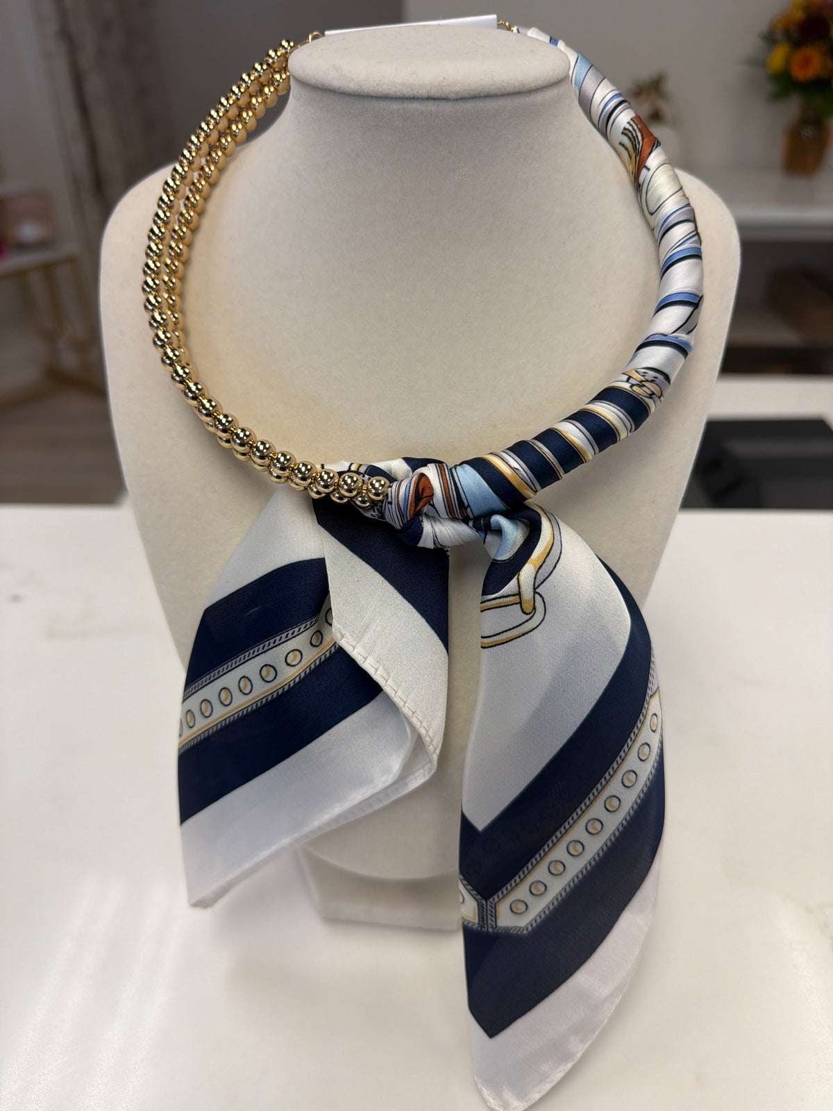 Silk Scarf Wrapped Collar Necklace - Navy