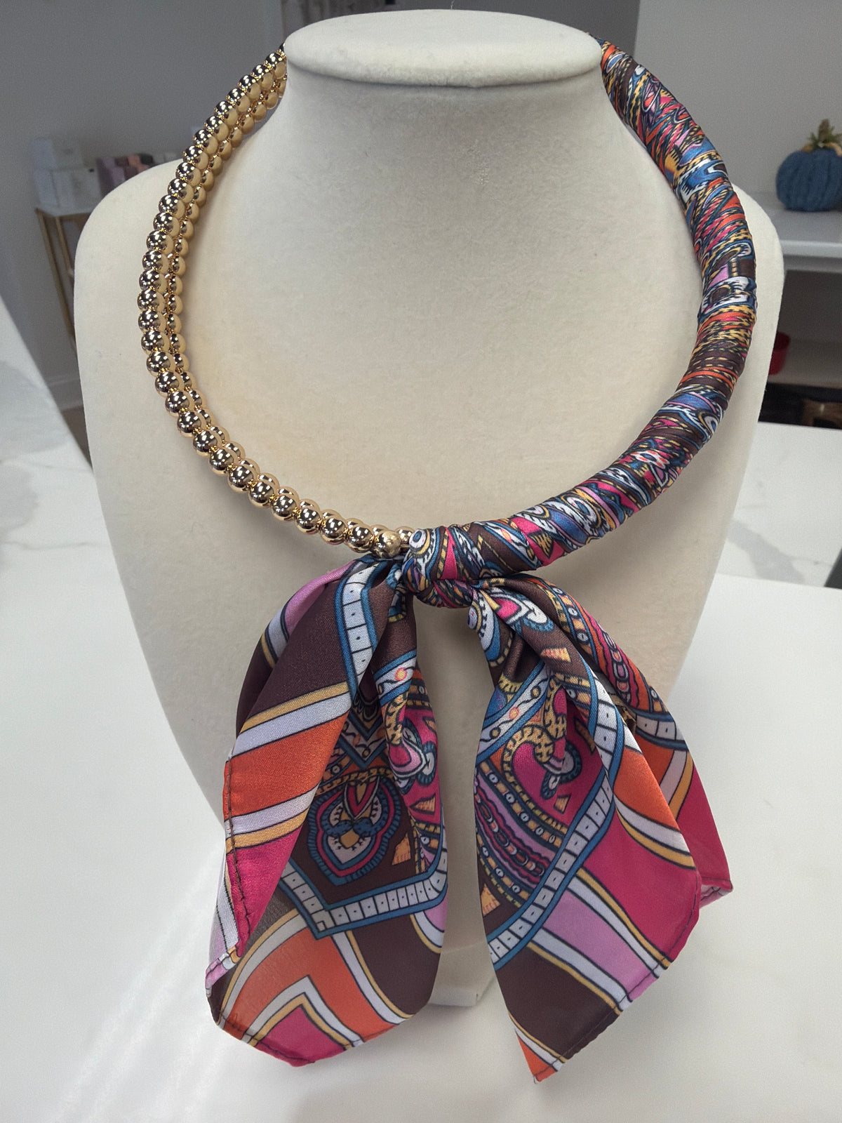 Silk Scarf Wrapped Collar Necklace - Fuchsia Multi