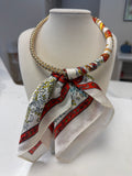 Silk Scarf Wrapped Collar Necklace - Red/Cream