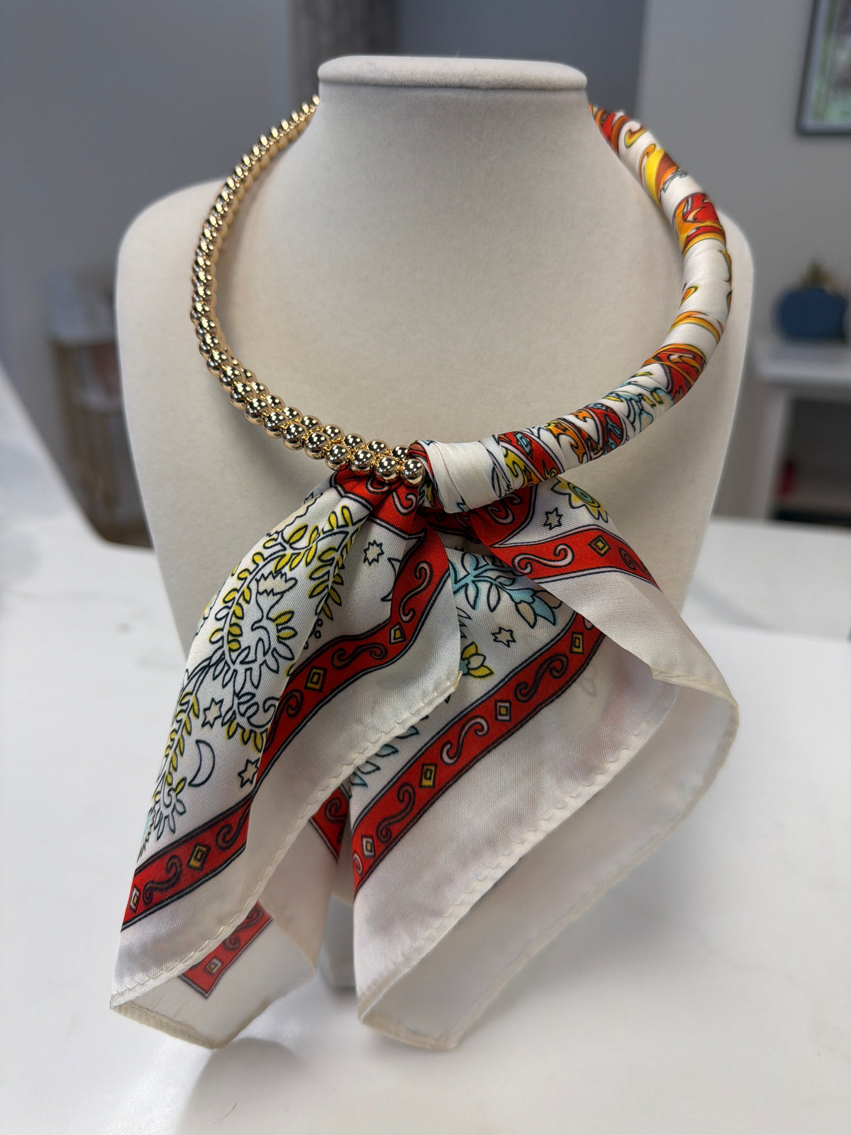 Silk Scarf Wrapped Collar Necklace - Red/Cream