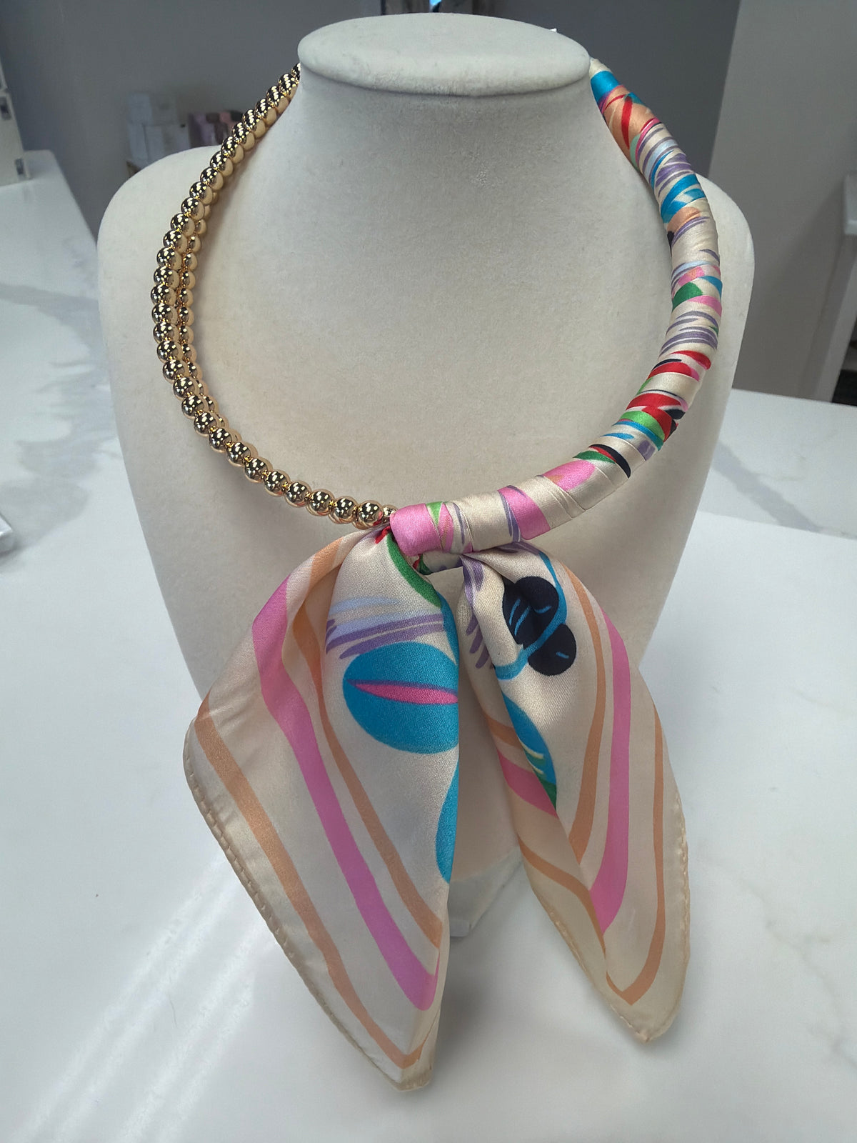 Silk Scarf Wrapped Collar Necklace - Ivory/Multi