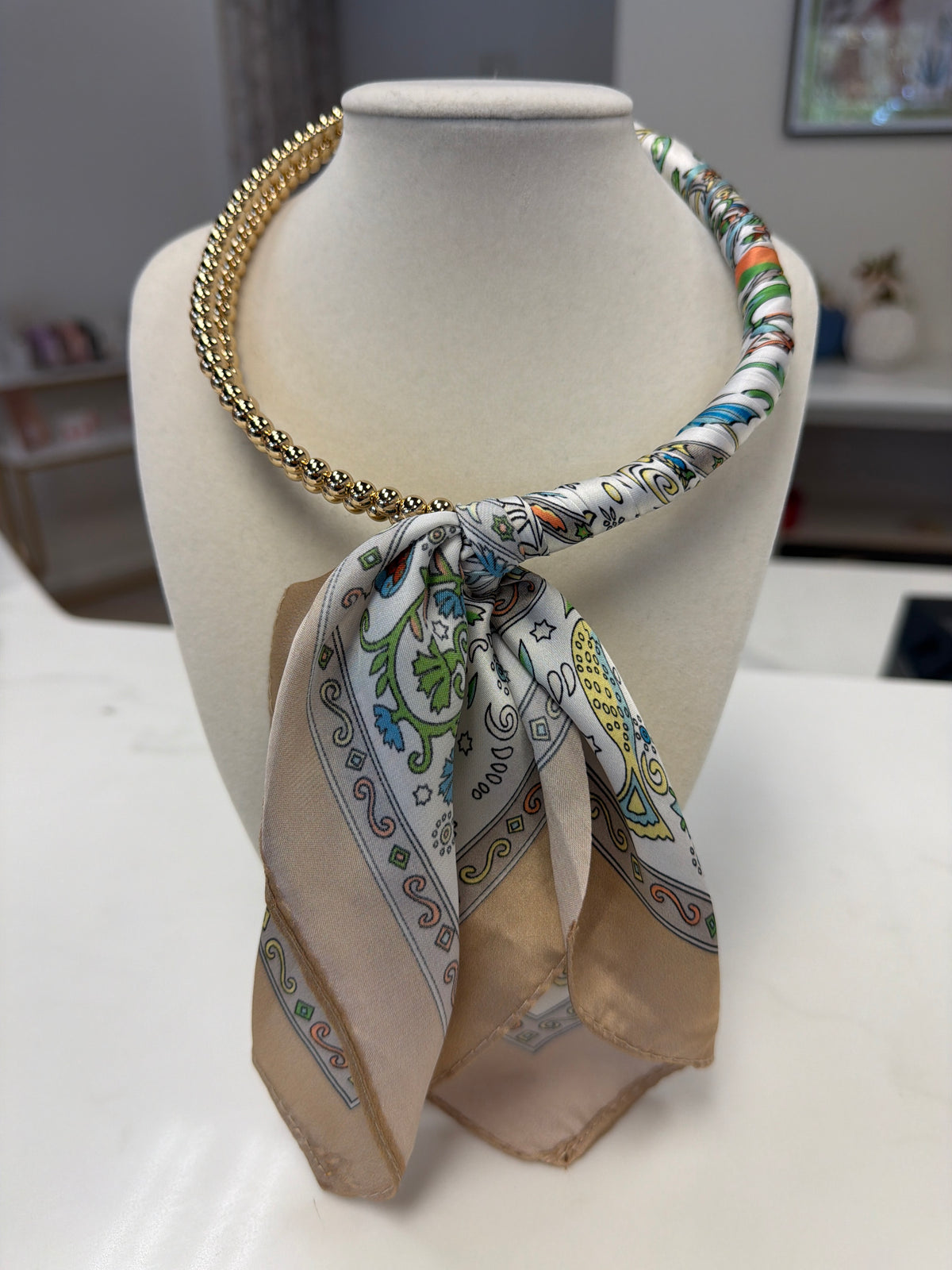 Silk Scarf Wrapped Collar Necklace - Olive