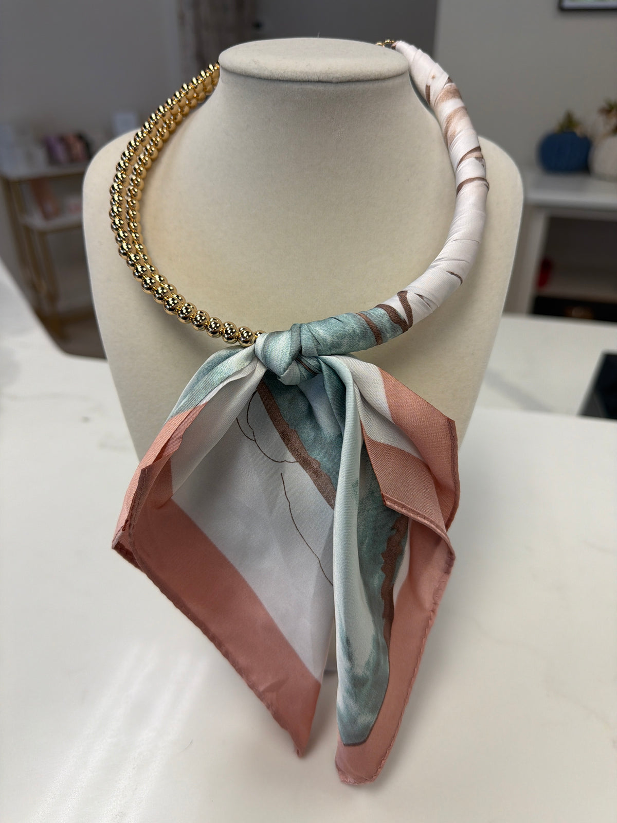 Silk Scarf Wrapped Collar Necklace - Sage/Blush