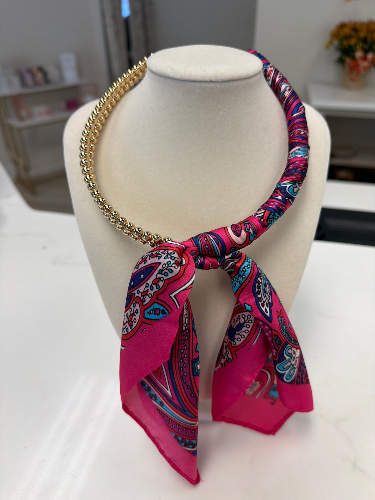 Silk Scarf Wrapped Collar Necklace - Fuchsia