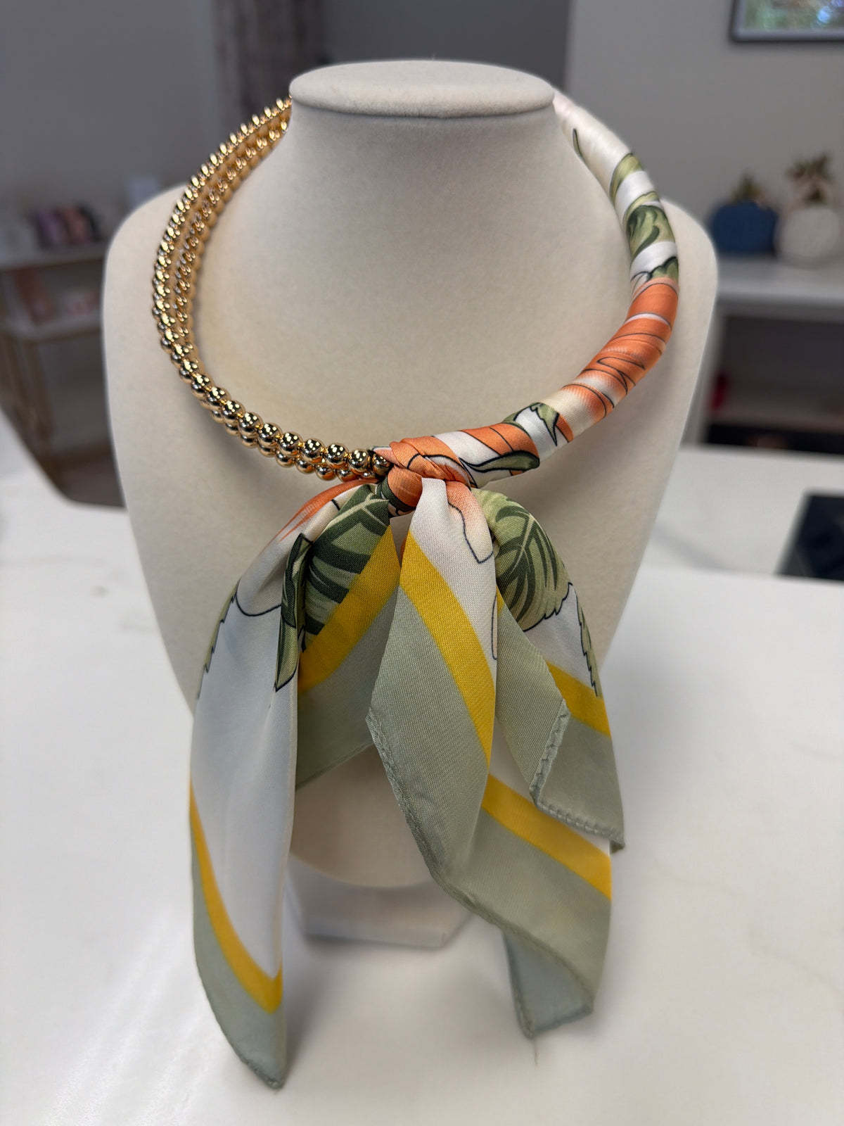 Silk Scarf Wrapped Collar Necklace - Peach