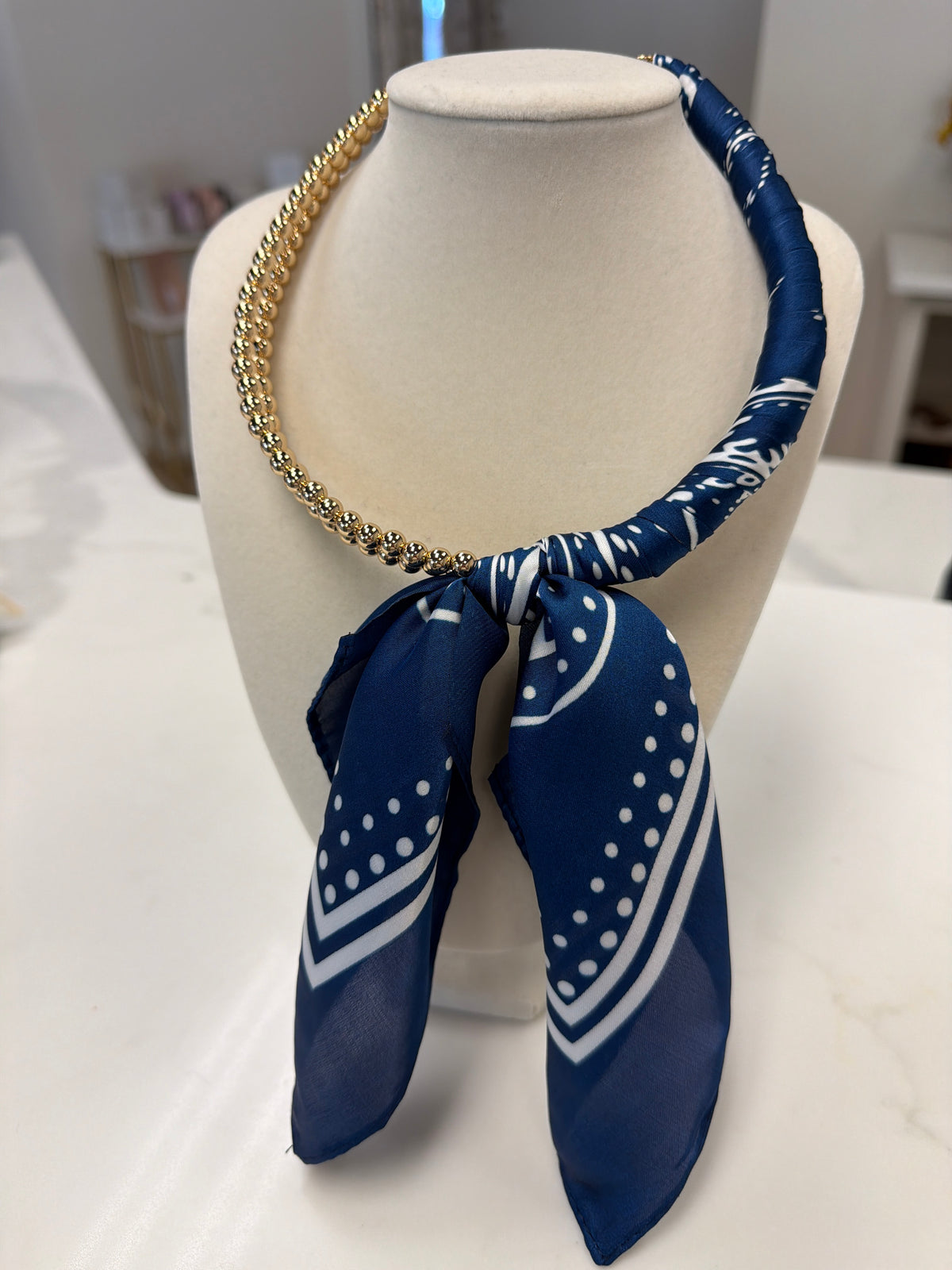 Silk Scarf Wrapped Collar Necklace - Navy/Cream
