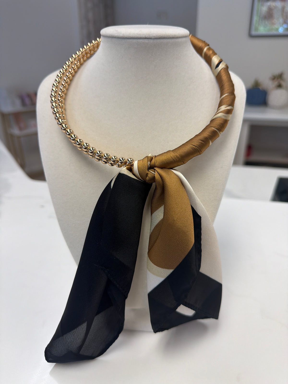 Silk Scarf Wrapped Collar Necklace - Black/Beige