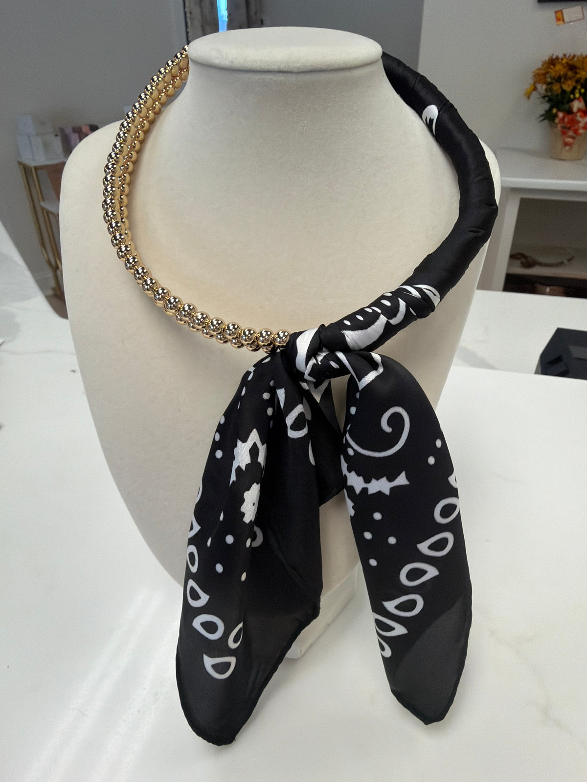 Silk Scarf Wrapped Collar Necklace - Black/White