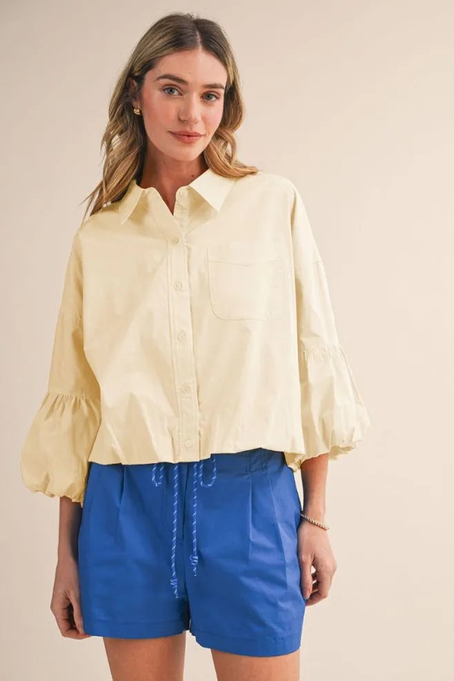 Button Down Bubble Hem Top - Egg Shell
